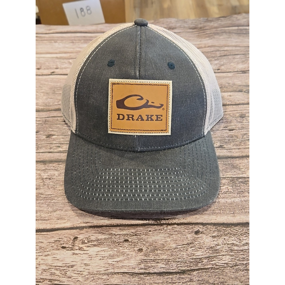 Drake Waterfowl Systems Leather Logo Patch Snapback Mesh Trucker Hat, NWOT (D1)